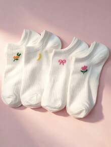 1/4/8 Pairs Summer White Minimalist Cartoon Bear/Rabbit/Tulip/Banana Pattern, Cute Animal & Floral Short Socks, Soft Low-Cut Socks, Casual, Daily Versatile Socks - Multicolor - View 6