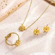 4件套不锈钢雏菊项链，百搭时尚金色甜美饰品，镀金雏菊4件套 - 金黃色 - 查看 9
