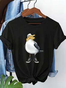 Talla Grande - Talla Grande - Camiseta de Mujer con Estampado Gráfico de Gaviota - con Gaviota Amarilla y Gaviotas, Cuello Redondo, Manga Corta, Elástica, Estilo Casual de Verano, para Primavera y Playa (no lavar en seco) - Ropa Elegante para Mujer, Camisetas para Damas, Camiseta Y2k, Camisa - Negro - Ver 10
