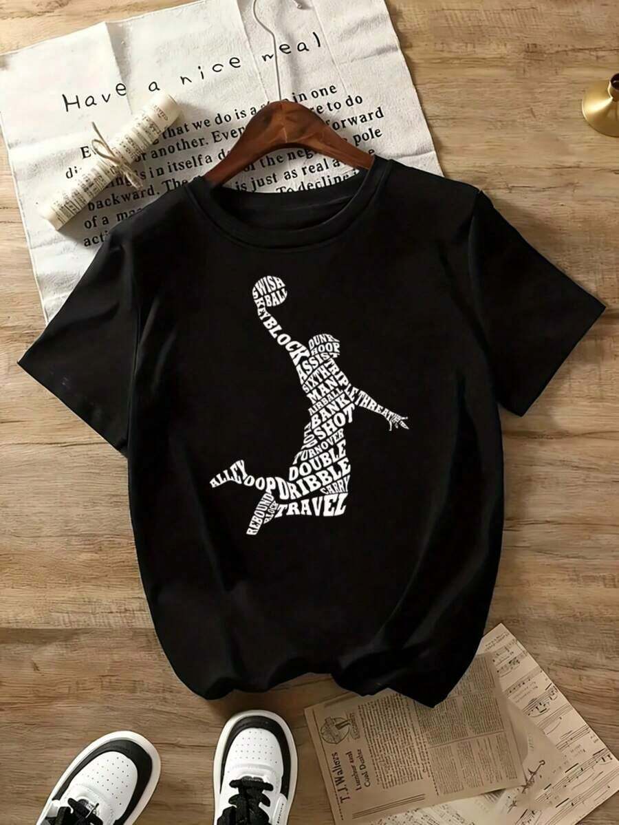 Camiseta de mujer moderna, informal, para fiestas y para estar en casa, 100% algodón, corte holgado. . Camiseta con Estampado Divertido, Diseño Artístico de Baloncesto, Camiseta de Algodón de Manga Corta, Camiseta Gráfica para Hombres y Mujeres, Inspirada en el Deporte, Ropa Casual, Adecuada para Actividades Deportivas, Fiestas, Salidas, Deportes, Camiseta de Estilo Urbano Vintage, Unisex, Holgada, de Algodón, de Manga Corta, con Cuello Redondo. - Negro - Ver 1