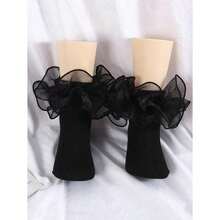 Girls' Solid Color Casual Socks With Ruffles, 1 Pair - Black - View 10