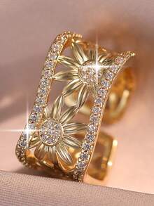 1pc Vintage Simple Flower Square Hollow Out Openable Rings With Cubic Zirconia, Sunflowe Wide Band Ring For Daily Wear,Gift Giving,Aesthetic Wedding - Yellow Gold - View 6