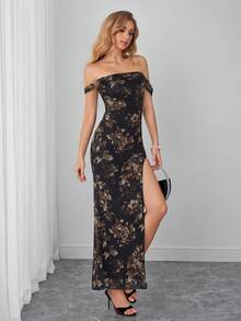 PARTHEA Women Elegant Floral Mesh Off Shoulder Split Maxi Dress, Ruched Bodycon Long Party Dress - Black - View 10