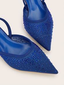 Women's Rhinestone Decor Kitten Heel, Pointed Toe Hollow Slip-On Sandals, Fashionable Elegant Party And Formal Low Heel Shoes - Blue - View 4