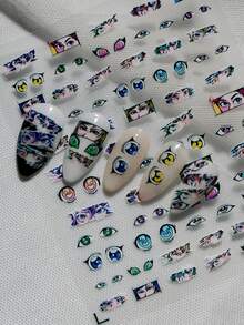1 张 3D 打印动漫风格美甲贴纸，饰有时尚动漫眼睛图案，适合日常通勤、亚文化时尚、美甲 DIY、动漫展等场合，是动漫迷、学生、妈妈、美甲 DIY 新手以及拥有独特风格的女孩的理想之选。 - 彩色 - 查看 2