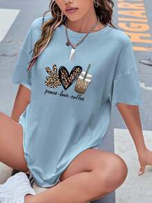 Soft 100% Cotton T-Shirt, With Fashionable And Personality Print, Casual Style, Short Sleeve, Round Neck, Slightly Elastic, Sports Top, Activewear For Women, Breathable Cotton T-Shirt, Matches Everything, Great. - 藍色 - 查看 6