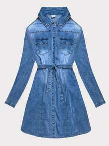 Blue denim tunic with belt, Tunic with belt, Button collar, Straight cut, Half-round hem, Length below the hips - 藍色 - 查看 3