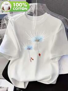 Camiseta de algodón 100% puro para mujer de talla grande, con estampado de insectos y diente de león, cuello redondo, manga corta, cómoda para el hogar, ropa de mujer de alta calidad - Camiseta de algodón de manga corta, cuello redondo, estilo vintage urbano, unisex, holgada, blusas para mujer. blusas.blusas casuales para dama. - Blanco - Ver 6