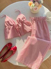 2 piezas Conjunto casual de vacaciones con rayas tejidas amarillas para mujer, /verano - Rojo y blanco - Ver 8