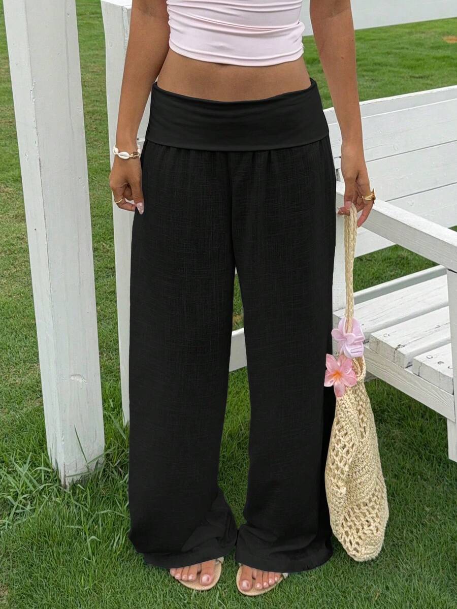 Women's Low Waisted Pants Solid Color Wide Leg Loose Fit Trousers Women Comfortable Casual Daily Wear - Negro - Ver 1