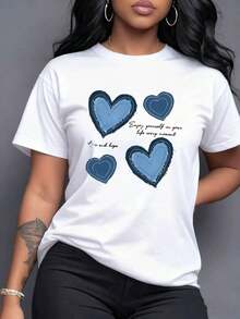 Corazones azules superpuestos con detalles de costura que simbolizan el amor la esperanza y la alegría de vivir cada instante disfrutando plenamente. Un mensaje positivo y emotivo. Camiseta de mujer 100% algodón.,maija mujer curvy. - Blanco - Ver 1