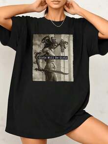 Camiseta Casual Vintage para Mujer, Estilo Urbano, UniVintage Medusa, 220g, Mitología Griega, 100% Algodón, 1 Pieza, Camiseta con Estampado Gráfico Atrevido, 100% Algodón Transpirable - Negro - Ver 12