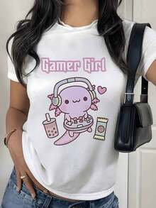 Under The Radar Women's Crew Neck T-Shirt With Digital Print Of A Gamer Axolotl With Headphones And Drinks, 100% Cotton, Youthful Style, Casual Vintage Street Style Design, Unisex Loose Cotton Short Sleeve Crew Neck T-Shirt - 白色 - 查看 6