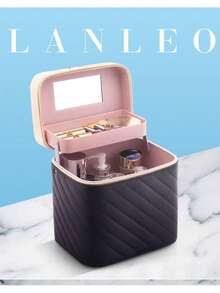 LANLEO 菱形图案 PU 皮革化妆包，带镜子，便携式双层化妆品收纳盒，防水旅行洗漱包，多功能护肤品收纳盒，可收纳口红、粉底、化妆刷、香水、首饰等，优雅的梳妆台收纳盒，适用于居家、旅行、宿舍、浴室，女士礼品 - 彩色 - 查看 10