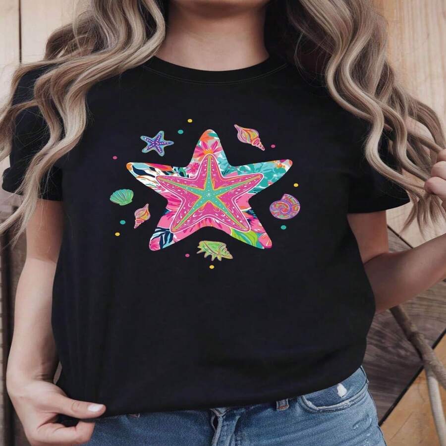 Women's T-Shirt With Colorful Starfish And Seashell Print, Ocean Style, Cool European Summer Style, Round Neck Top For Everyday Wear, Street, Beach, Vacation, Versatile Item, Festival Atmosphere, Women's Clothing - 黑色 - 查看 1