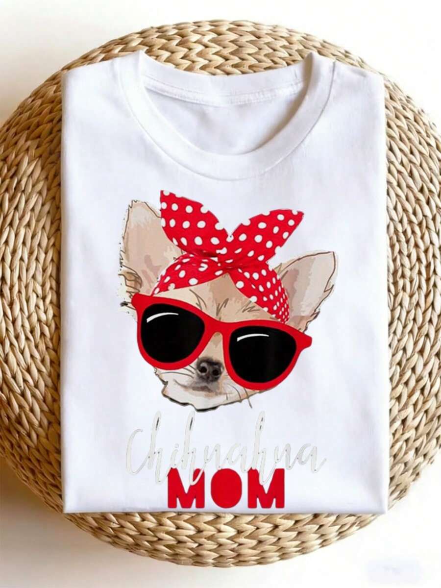 Chihuahua Dog Mom T-Shirt, Crew Neck T-Shirt With Dog Applique Wearing Glasses, Casual Short Sleeve T-Shirt For All Seasons, Unisex Heat Transfer Knit Fabric, Regular Fit - Sizes S-XXXL.Jpg1 - 白色 - 查看 1