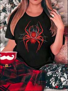 Women's Spider Print Camisole, A New Camisole With A Creative Spider Design, American And Hong Kong Style, Featuring A Fun Green Creature Dressed In Red Christmas Clothes And Hat, Surrounded By Festive Decorations. Printed On A Casual, Short-Sleeved, Crew-Neck Women's Camisole, Modern, Lettered, Loose Fit, Suitable For Couples. Suitable As A Gift. Women's T-Shirt. Blouses > Elegant. Boho Chic. Women's T-Shirt, Soft And Breathable: Perfect For Vacations, Travel, And Festive Occasions, And Suitable For Wearing In Multiple Seasons. - 黑色 - 查看 7