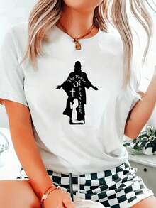 Camiseta Blanca de Manga Corta con Estampado de Silueta de Jesús y Mujer, "El Poder de la Oración", Ropa Casual Diaria para Mujer - Negro - Ver 9