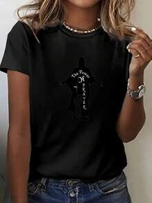 Camiseta Blanca de Manga Corta con Estampado de Silueta de Jesús y Mujer, "El Poder de la Oración", Ropa Casual Diaria para Mujer - Negro - Ver 12