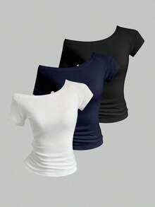 3 piezas Camisetas ajustadas con cuello asimétrico para mujer, tops básicos con cuello asimétrico en negro, blanco, rosa - Negro 4 - Ver 1