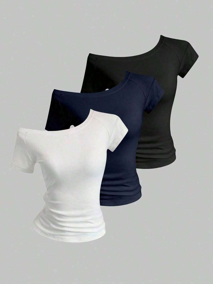 3 piezas Camisetas ajustadas con cuello asimétrico para mujer, tops básicos con cuello asimétrico en negro, blanco, rosa - Negro 4 - Ver 1