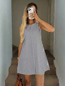 Vestido casual de mujer de línea A sin mangas a rayas con bolsillos acolchados, conjunto elegante de vacaciones, estilo retro lujoso - Multicolor 4 - Ver 6