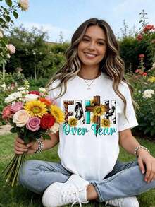 NewSummerCasual Women's Versatile Round Neck T-Shirt, Suitable For Streetwear, Everyday Wear, Camping, Concerts, Hip-Hop Style, Rock, With A Cross And Sunflower Print, Short Sleeves, Casual Summer Style, For Everyday Use. Unisex Loose-Fitting Cotton Short-Sleeve Round Neck T-Shirt With A Vintage Urban Style - 白色的 - 查看 2