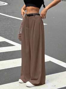 Pantalones de pierna ancha con cinturón de talle alto, perfectos para el tiempo libre, primavera/otoño, con botón, bolsillo y cremallera, de pierna recta natural, pierna ancha, sueltos y negros, para uso casual diario. - Marrón - Ver 5