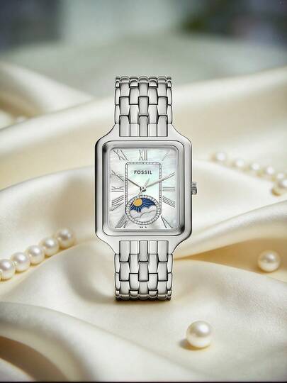 Fossil Women's Quartz Watch Luxury Brand Rectangle Moon Phase Mother-Of-Pearl Dial Ladies Wristwatch | Silver Stainless Steel Bracelet Crystal Accent Sun Moon Display Analog Fashion Watch | Stunning Gift For Her Birthday Valentine's Day Wedding Party Date Night