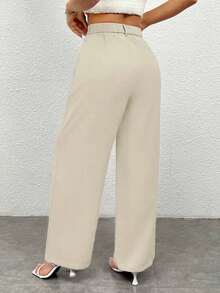 Pantalones rectos de unicolor casuales para mujer - Beis - Ver 2