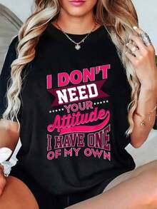 Funny Women's T-Shirt With Bright Pink Text: "I Don't Need Your Attitude, I Have My Own" - Black Star T-Shirt, Soft, For Everyday Wear, Machine Washable, Casual Top, Funny Birthday Gift - 黑色 - 查看 6
