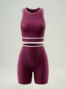 UONNOU Bộ đồ thể thao yoga/thể dục không đường may dành cho nữ, gồm 2 món: áo croptop không tay buộc dây phối màu tương phản và quần short cạp cao, thích hợp cho mùa xuân/hè. - Màu tím - Xem 7