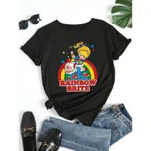 Camiseta Casual de Cuello Redondo para Mujer con Personajes de Dibujos Animados Vibrantes y Gráfico de Arcoíris, Manga Corta y Micro Elástica para Primavera/Verano, Longitud Regular Cómoda - Regalo Ideal, Camisetas para Damas - [Negro] - Ver 2