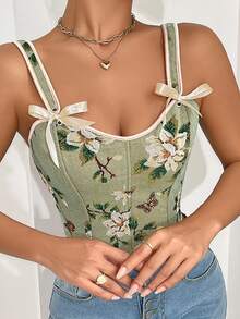 Camiseta corta de verano para mujer con estampado floral y contraste de color con lazo en la espalda - Verde - Ver 5