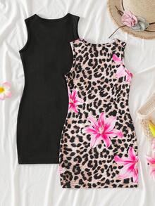2pcs/Set Young Girls' Summer New Fashionable Versatile Floral & Leopard Print Sleeveless Round Neck Fitted Dress, Suitable For Outdoor Wear - Black - View 3