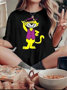 1 pieza de camiseta de mujer con estampado de gato de dibujos animados, estilo casual, cuello redondo, manga corta, tejido de poliéster de elasticidad media, camiseta de moda para todas las estaciones Y2k. - Negro - Ver 10