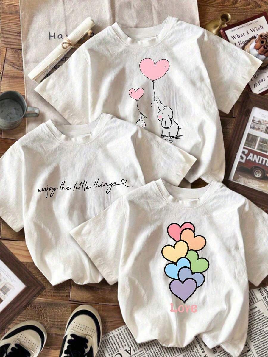 Women's 1 Piece Set: English Elephant Print T-Shirt - Casual Pure Cotton Fabric, Round Neck, Comfortable For All Seasons, Inspired Font Design, Fashionable Retro Style, Women's Summer Casual Sporty Top, Short Sleeve Round Neck T-Shirt. - 白色 - 查看 1