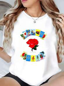Rosa rodeada de cartas tradicionales de lotería mexicana que simbolizan amor suerte y vida colorida camiseta para mujer 100% algodón 220g - Blanco - Ver 8