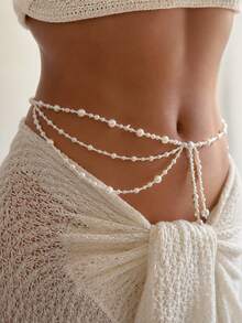 1 pieza Cadena de cintura con colgante de borlas multicapa con perlas falsas de estilo bohemio vintage, cadena corporal sexy para mujer, accesorio de lujo, adecuado para boda, fiesta, playa, casual, ropa de calle, regalo de pareja, regalo de vacaciones y cumpleaños - Blanco - Ver 3