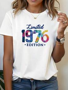 Limited Edition 1976 Mexican T-Shirt With Letter Print, Short Sleeve, Round Neck, Casual Top For Summer And Spring, Women's Clothing, Fashionable Summer Cotton T-Shirt - 白色 - 查看 1
