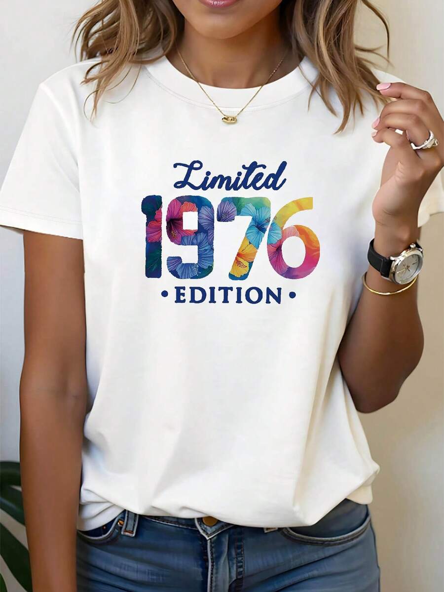 Limited Edition 1976 Mexican T-Shirt With Letter Print, Short Sleeve, Round Neck, Casual Top For Summer And Spring, Women's Clothing, Fashionable Summer Cotton T-Shirt - 白色 - 查看 1