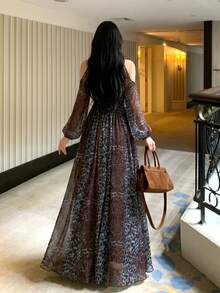 Vestido elegante y sexy de manga larga con estampado floral y cinturón personalizado para mujer, fluido y estilizador, con estampado brillante en toda la prenda, cinturón elegante para primavera - Café integral - Ver 4