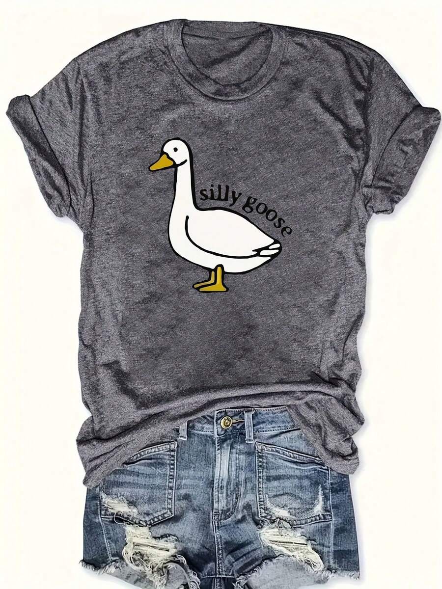 1 camiseta con estampado de Silly Goose, 100% poliéster, cuello redondo, ligeramente elástica, top casual con estampado de animales para primavera/verano/otoño. - Gris Oscuro - Ver 1