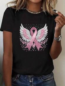 Plus Size - Women's Crew Neck T-Shirt With Pink Ribbon And Wings Print - Black - View 6