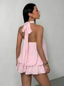 Vestido mini elegante de mujer con escote halter y lazo en color beige - Rosa Pálido - Ver 2