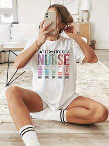 Camiseta Divertida de Enfermería con Diseño Gráfico "Battery Life of A Nurse" - Top Casual de Manga Corta y Cuello Redondo para Mujer, Tejido Transpirable y Elástico Medio, Lavable a Máquina, Ropa de Primavera y Verano, Estilo Relajado, Material Confortable - [Blanco] - Ver 1