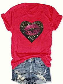 Tallas Grandes, Blusa de Manga Corta para Mujer - Cuello Redondo, Primavera Verano con Manga Corta, Estampado de Labios Rojos y Corazones, Blusas Casuales de Corte Holgado para Mujeres con Curvas, Lavable a Máquina - En Stock - Ropa de Moda en Tallas Grandes - Rojo - Ver 6