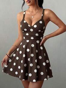 Vestido corto de punto sexy y elegante con escote en V, cintura fruncida y tirantes finos para mujer - Marrón - Ver 3