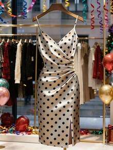Vestido ajustado con escote en V, adorno de volantes, botones, estampado en la cintura, sexy, para ir a trabajar o fiestas, vestido de lunares, vestido envolvente, vestido de seda, vestido de tirantes, vestido de lunares para mujer, vestido de có - Albaricoque - Ver 4