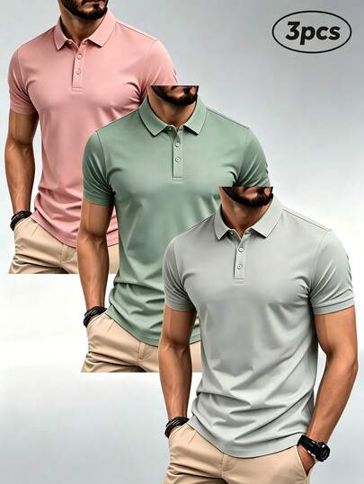 Bộ 3 áo polo nam mùa hè nhanh khô, chất liệu mềm mại, mịn màng, dáng ôm, tay ngắn, màu trơn, có cổ, phù hợp cho công sở, thường ngày, tiệc tùng, tụ họp và thể thao.
